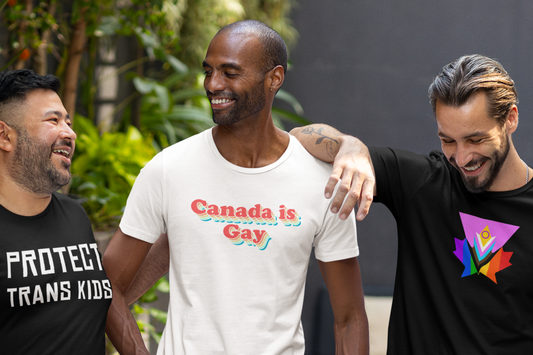 three male-presenting friends in a protect trans kids shirt, a canada is gay shirt, and a pink progress pride maple leaf shirt