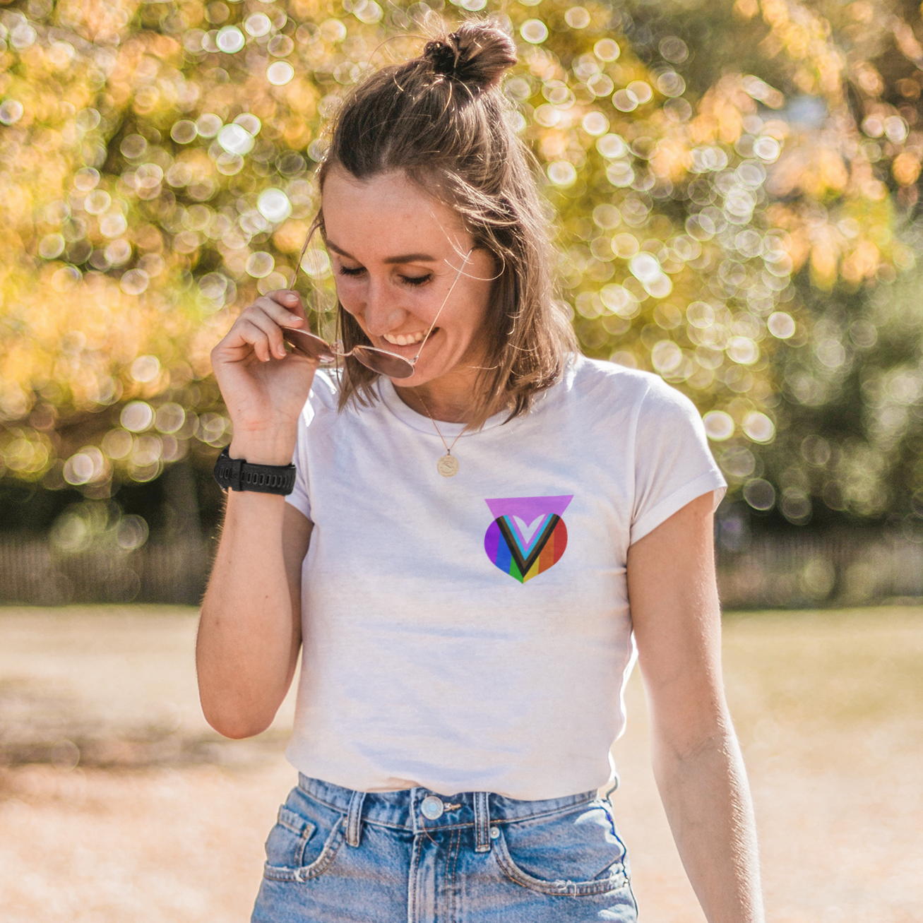 Pink Progress Pride Heart Badge Tee