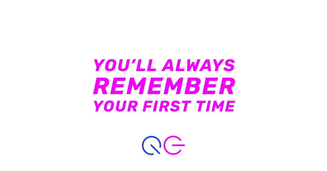 Pink text with the Queer Geekery logo saying "you'll always remember your first time"