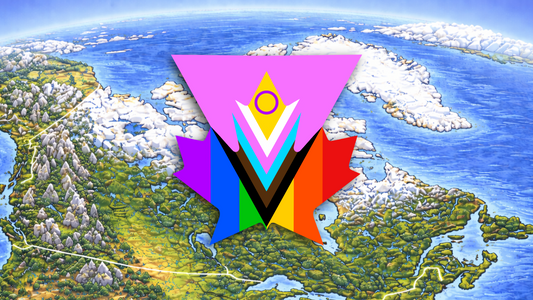 an rpg style world map of canada with queer geekery's pink progress pride maple design overlaid