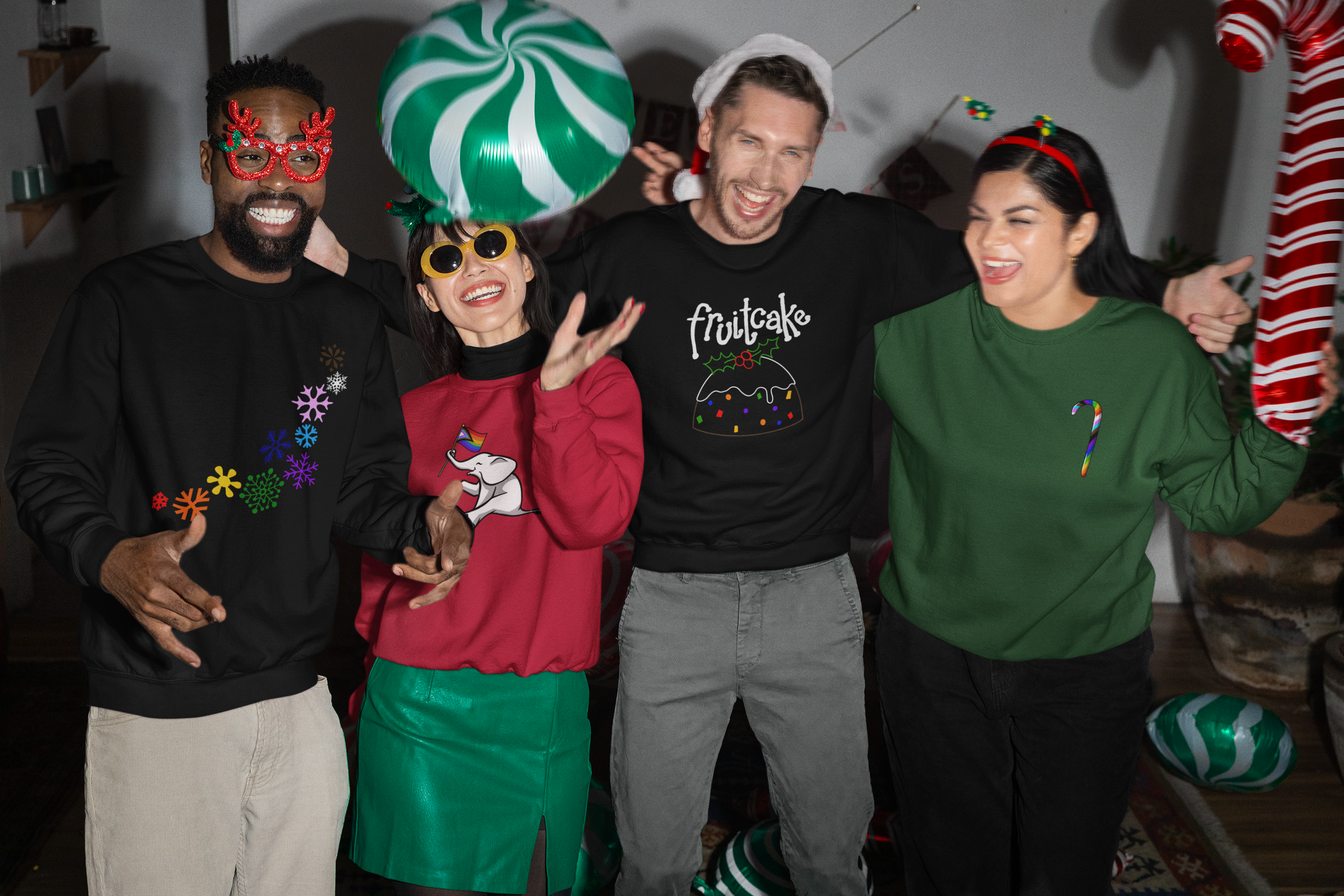 Group of people wearing festive clothing and accessories in a casual indoor setting.