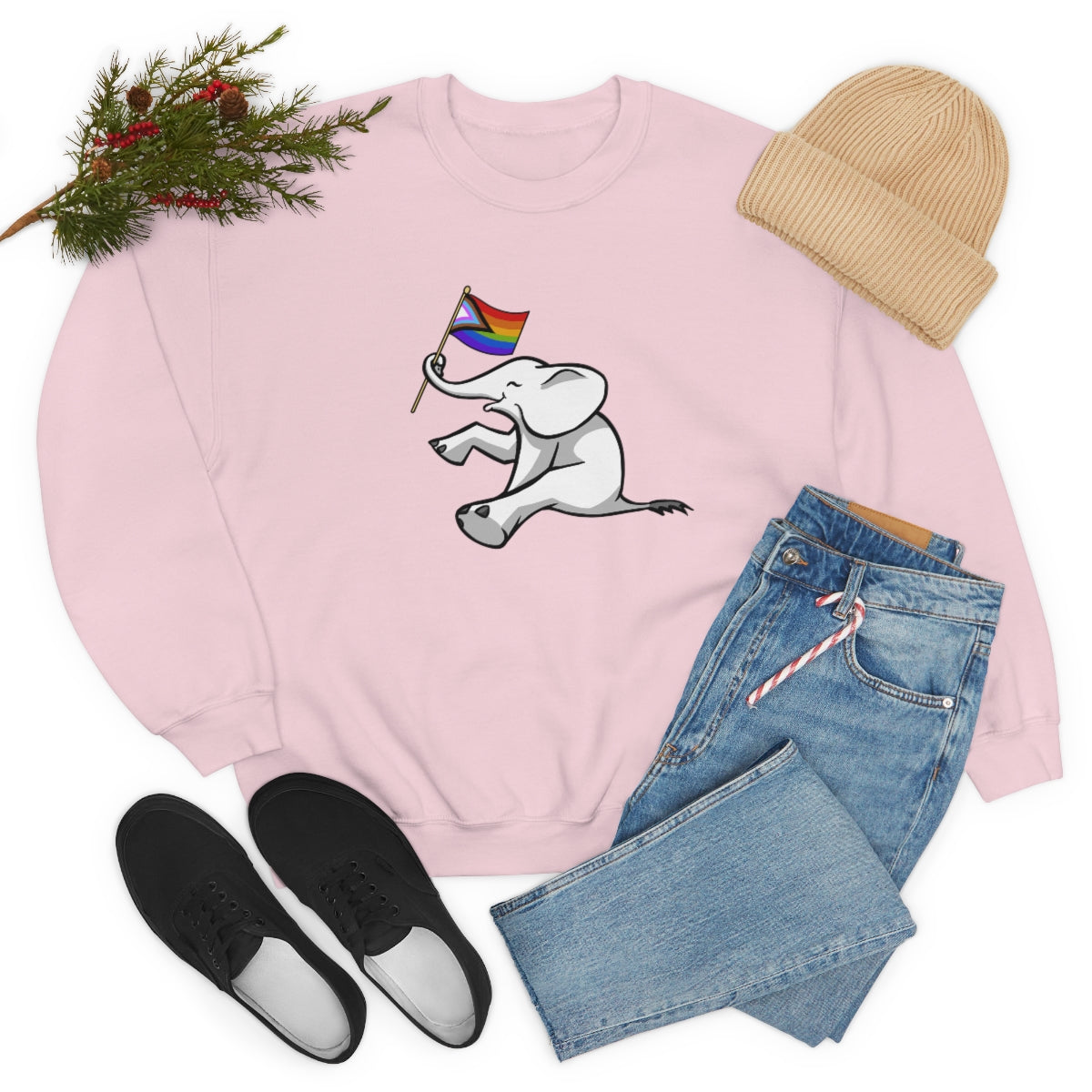 White Elephant Holiday Pride Flag Crewneck Sweatshirt