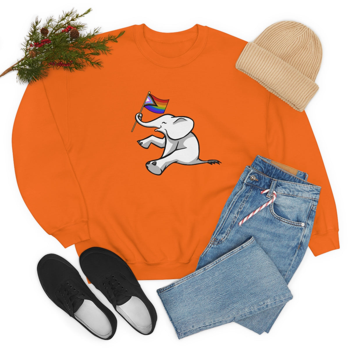 White Elephant Holiday Pride Flag Crewneck Sweatshirt