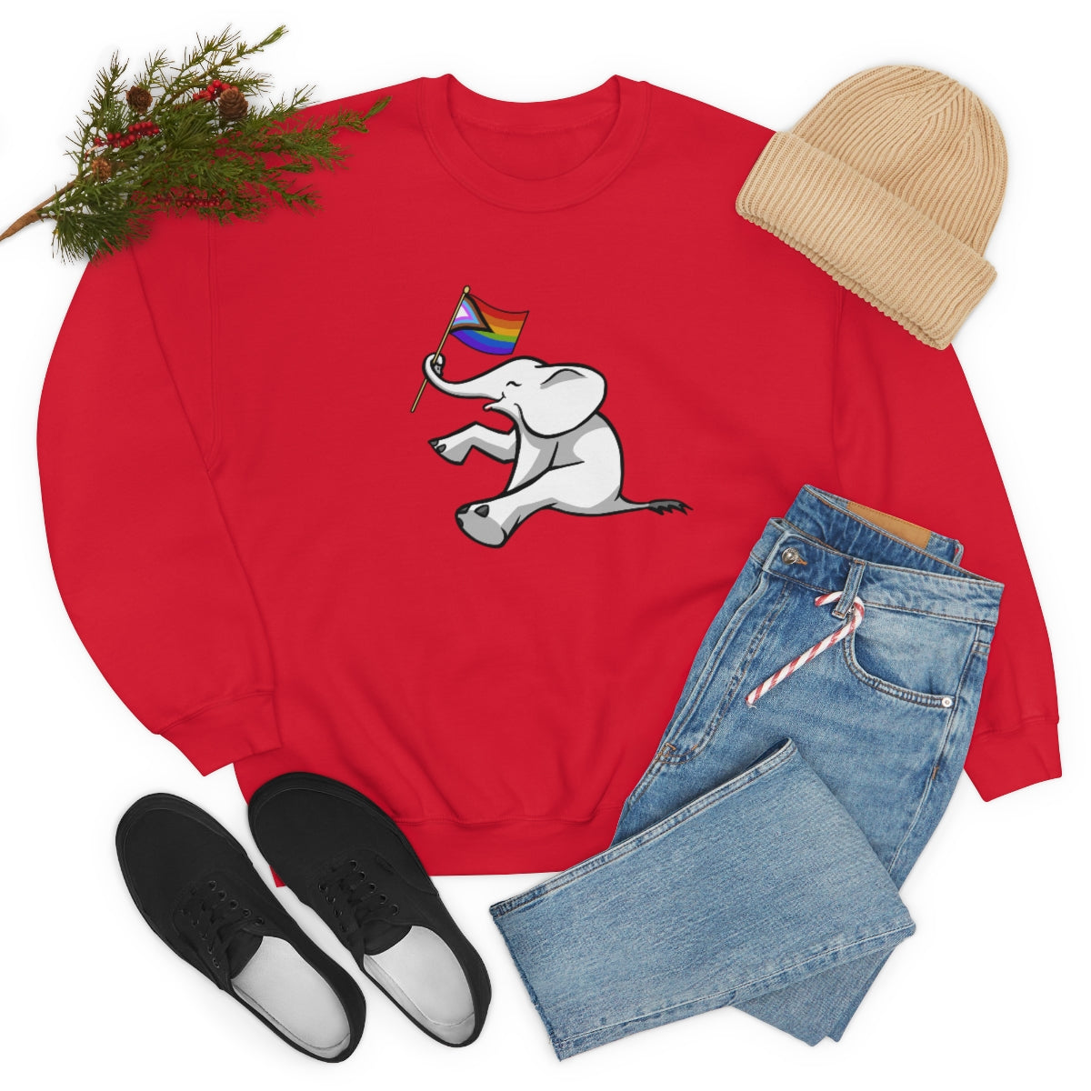 White Elephant Holiday Pride Flag Crewneck Sweatshirt