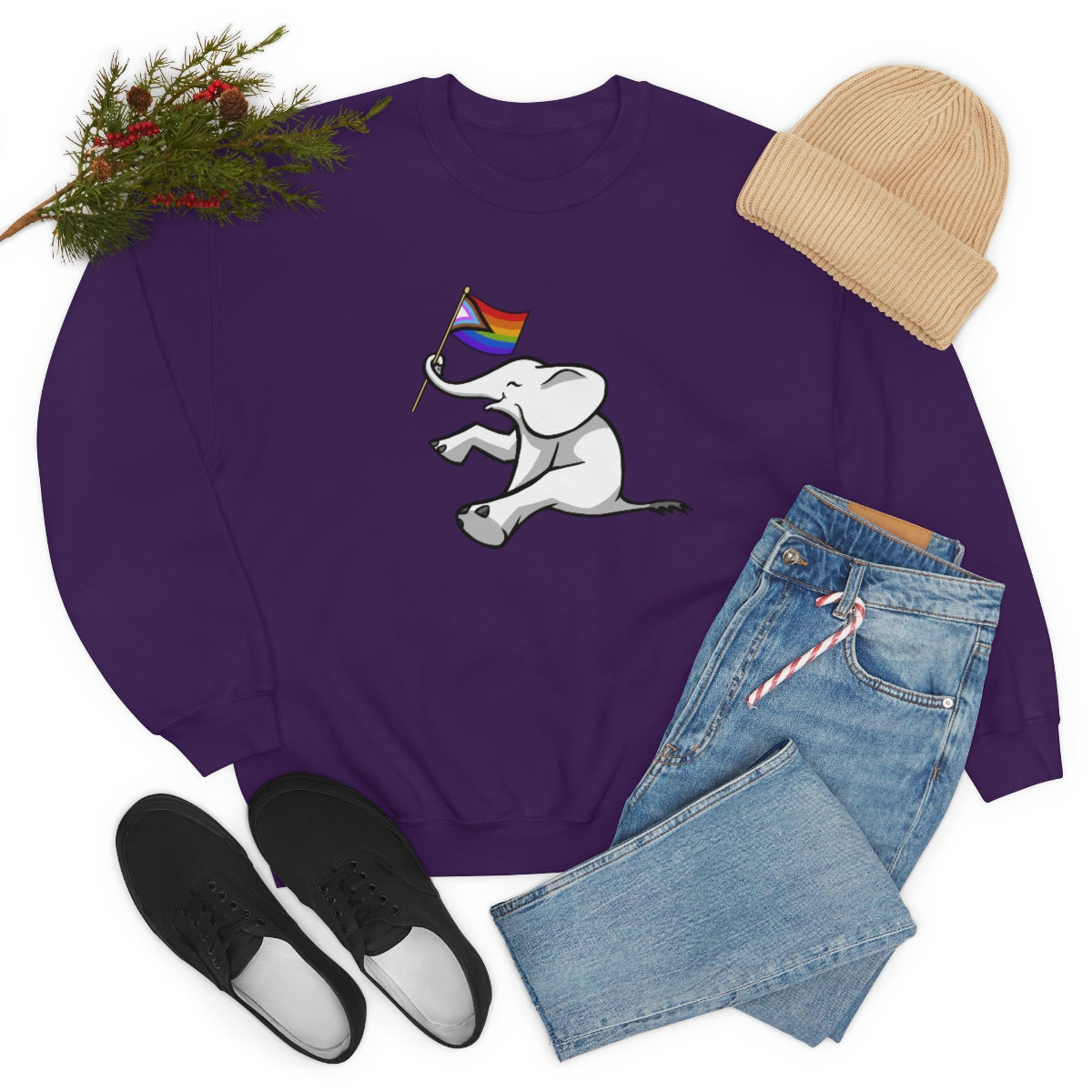 White Elephant Holiday Pride Flag Crewneck Sweatshirt