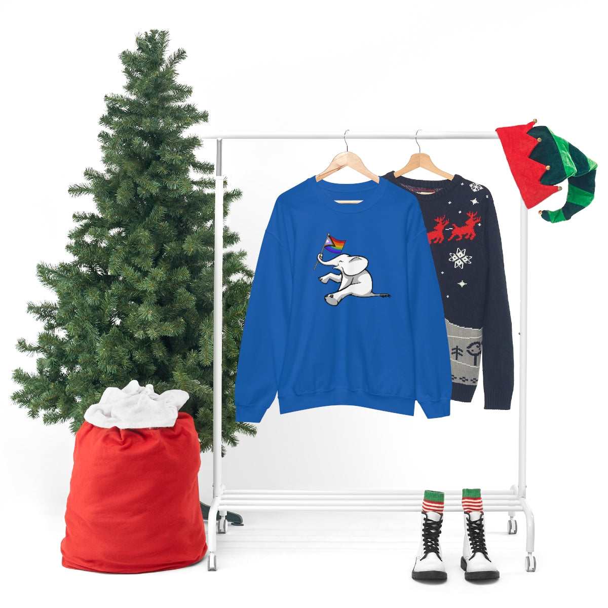 White Elephant Holiday Pride Flag Crewneck Sweatshirt