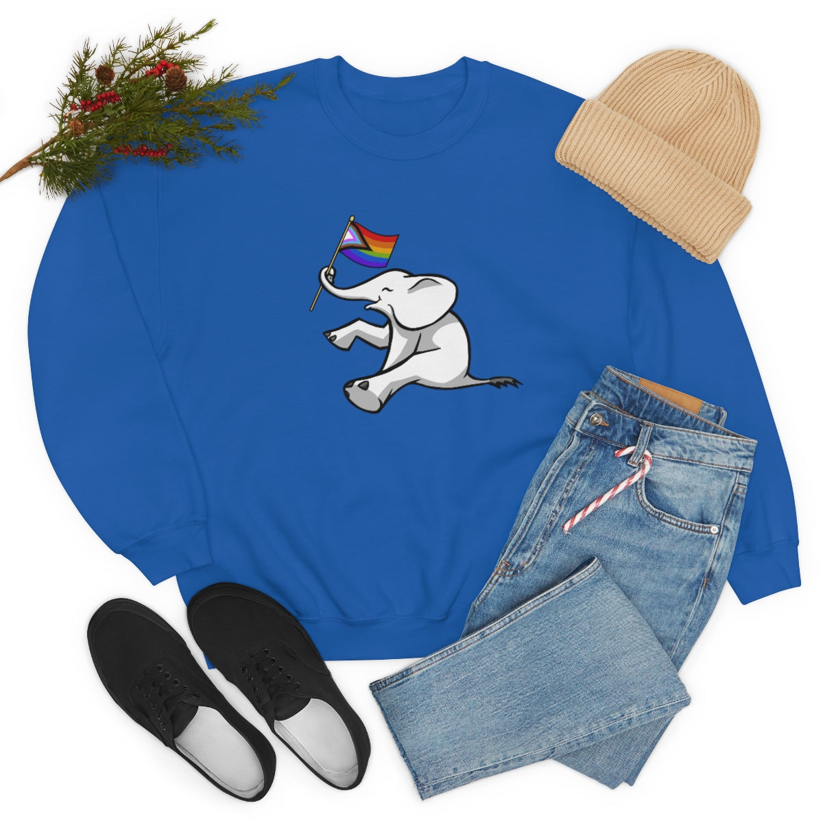White Elephant Holiday Pride Flag Crewneck Sweatshirt