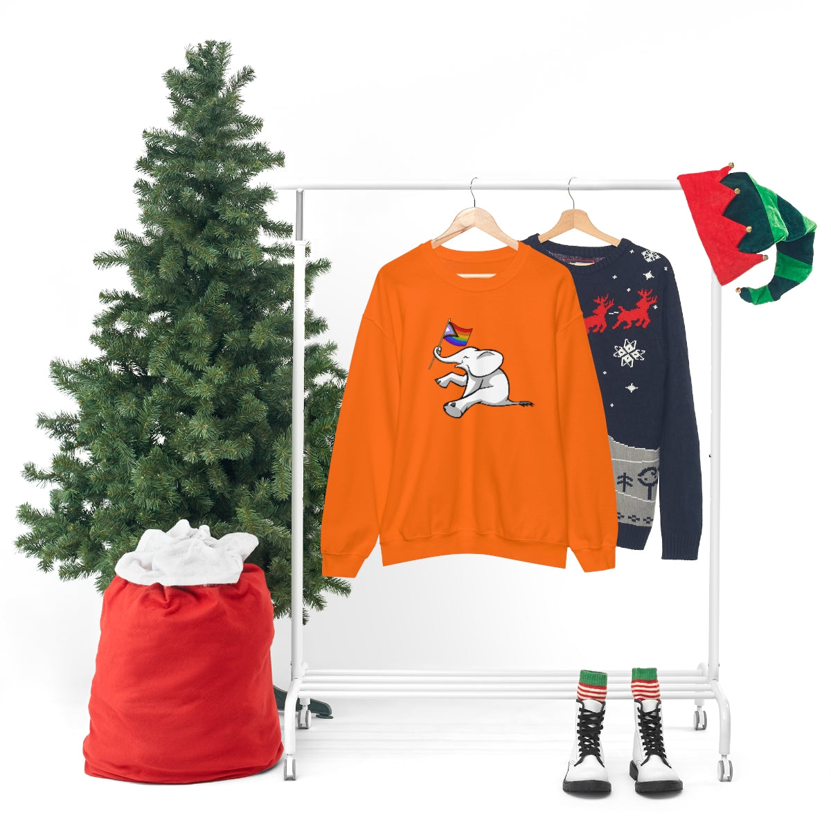 White Elephant Holiday Pride Flag Crewneck Sweatshirt