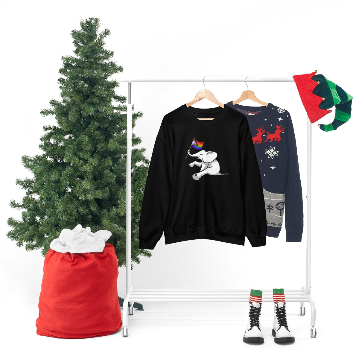 White Elephant Holiday Pride Flag Crewneck Sweatshirt