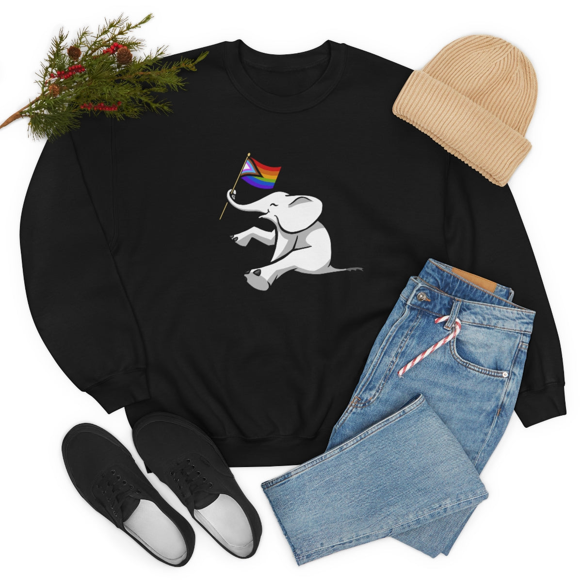 White Elephant Holiday Pride Flag Crewneck Sweatshirt