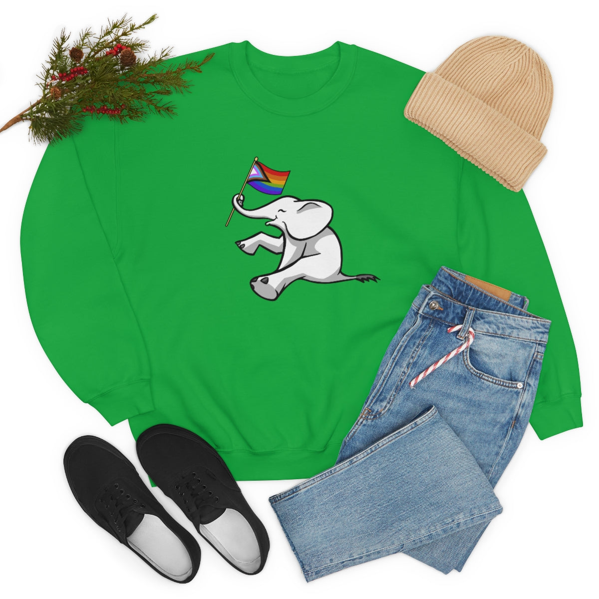 White Elephant Holiday Pride Flag Crewneck Sweatshirt