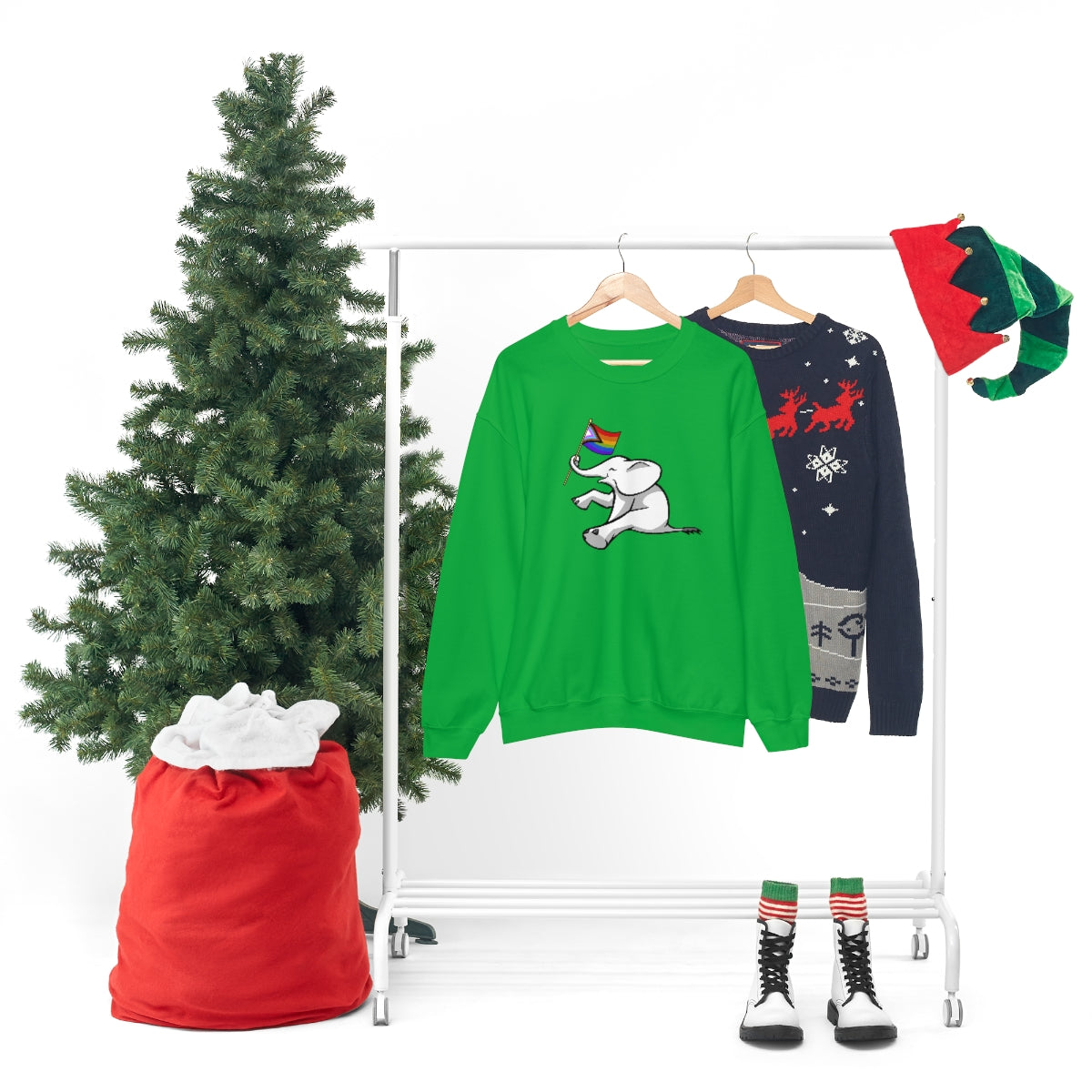 White Elephant Holiday Pride Flag Crewneck Sweatshirt