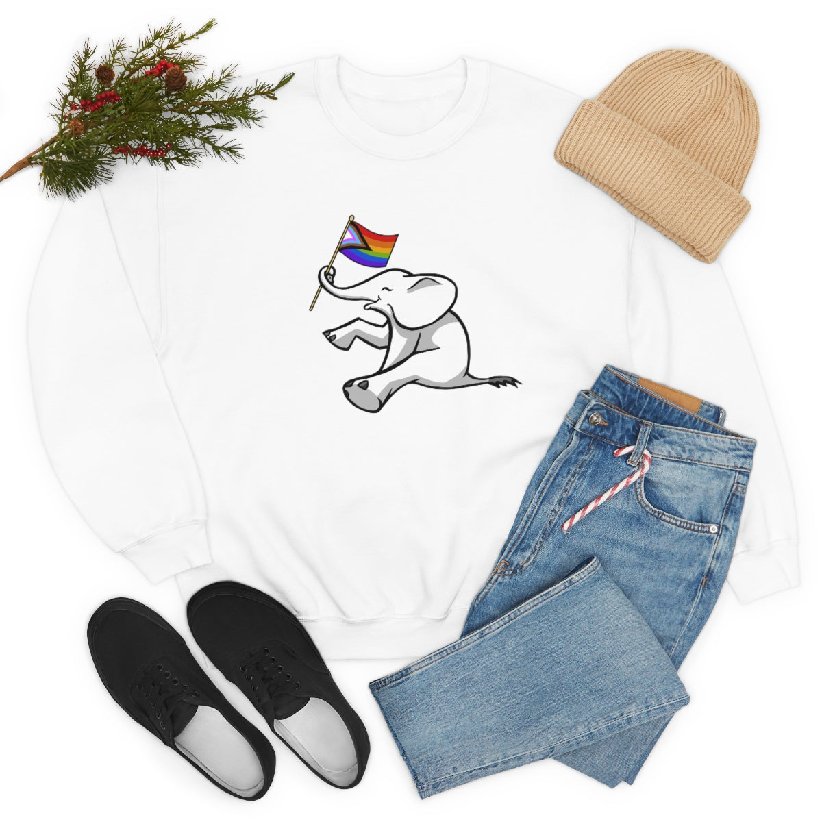 White Elephant Holiday Pride Flag Crewneck Sweatshirt