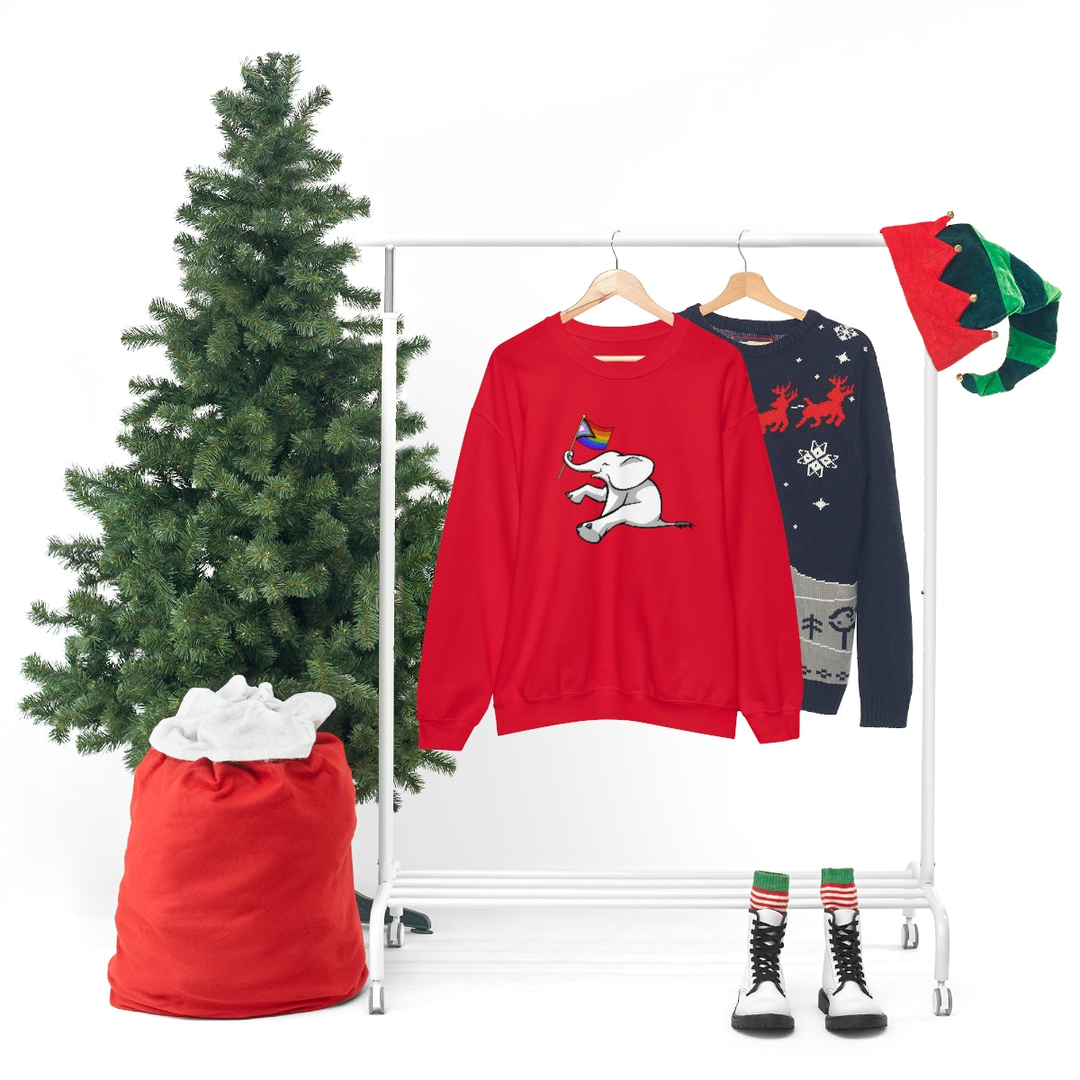White Elephant Holiday Pride Flag Crewneck Sweatshirt