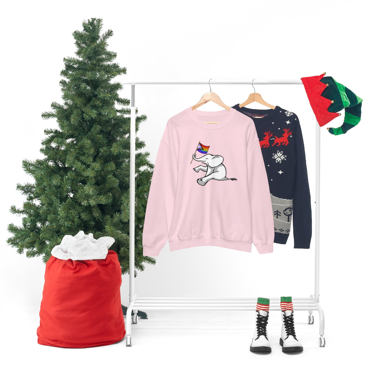 White Elephant Holiday Pride Flag Crewneck Sweatshirt
